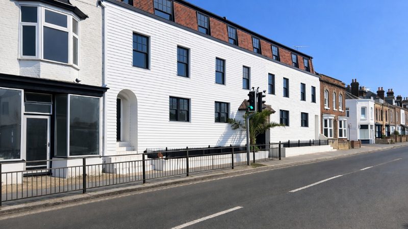 The front of Thames House, 49–55 Canterbury Road, Whitstable: a white weatherboarded building with black railings